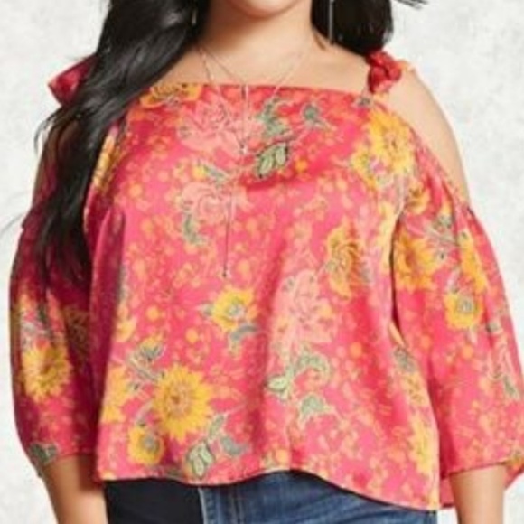 Forever 21 Plus Floral Satin Cold Shoulder Top - Picture 1 of 5